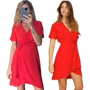 Babaton Aritzia Wallace Red Wrap Short Sleeve Mini Dress